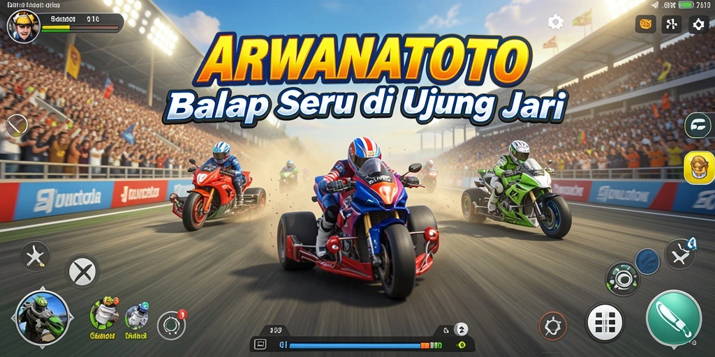 Tangkapan layar ARWANATOTO menampilkan balapan yang mendebarkan dengan grafis menawan.