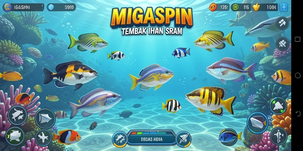 Tampilan screenshot utama MIGASPIN yang menampilkan aksi menembak ikan di bawah laut.