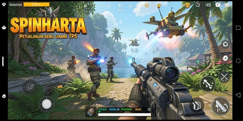 Screenshot gameplay SPINHARTA menampilkan aksi tempur yang seru.